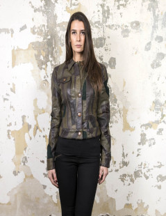 Blouson JEAN PAUL GAULTIER T38 en patchwork de cuir vert et marron