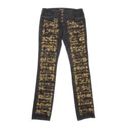 Pantalon jean CHANEL T 40 avec broderies or, bordeaux et noire