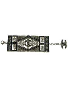 CHANEL Couture articulated cuff bracelet in matte silver metal set with Swarovski rhinestones