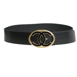 Ceinture CHANEL T 85 en cuir noir, boucle en métal or mat  CC noir