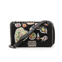 CHANEL Boy bag in black boiled wool with embroidered patches