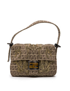 FENDI baguette bag in brown monogram canvas and gold threads embroidery