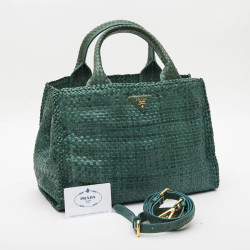 Prada 'Madras' shopping bag in peacock green braided leather