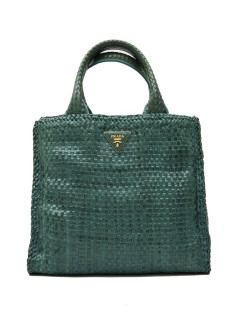 Prada 'Madras' shopping bag in peacock green braided leather