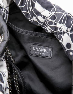 CHANEL tote bag in black, light gray and white silk scarf and black smooth lamb leather