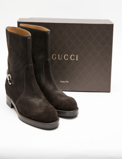 Boots T 39 GUCCI en daim marron et mors argent palladié