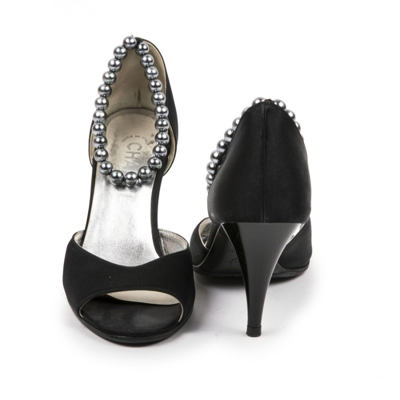 CHANEL Satin Open Toe Pearl Sandal Heels 42 Black 214070 | FASHIONPHILE