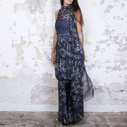 CHANEL T 34 evening gown in blue and white printed silk