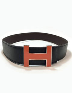 HERMES H reversible belt 80FR in black swift leather and brown epsom calfskin.