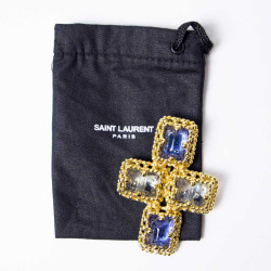 YSL YVES SAINT LAURENT Vintage cross pendant brooch set with 2 tones of blue cabochon