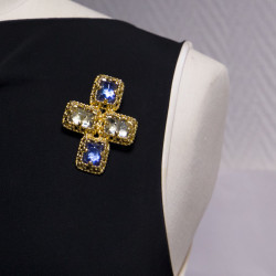 YSL YVES SAINT LAURENT Vintage cross pendant brooch set with 2 tones of blue cabochon