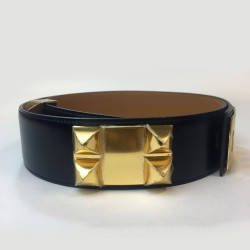 Ceinture HERMES T 90 collier de chien en cuir box noir 