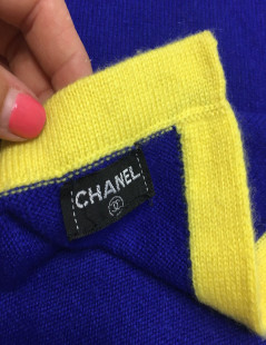 CHANEL blue cashmere with yellow trim shawl