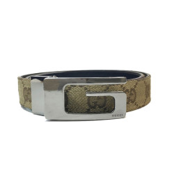 Ceinture GUCCI T 80 en toile monogram beige et cuir marron