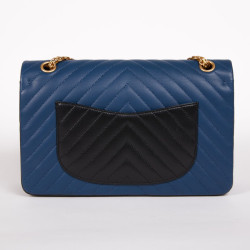 Sac CHANEL 2.55 chevron cuir tricolore bleu gris noir