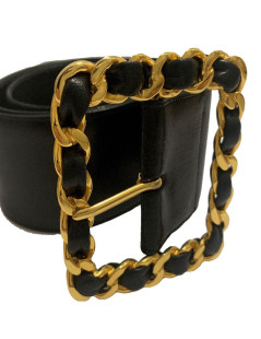 Ceinture CHANEL Vintage boucle chaine dorée entrelacée de cuir noir