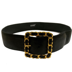 Ceinture CHANEL Vintage boucle chaine dorée entrelacée de cuir noir