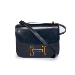 Sac Constance HERMES cuir box bleu