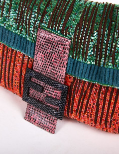 Sac baguette FENDI sequins orange marron et vert et lezard violet