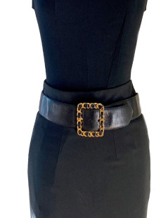 Ceinture CHANEL Vintage boucle chaine dorée entrelacée de cuir noir