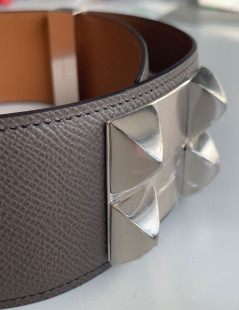 Ceinture HERMES collier de chien étain en cuir epsom 