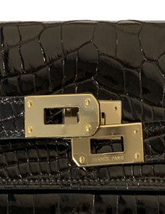 Portefeuille kelly HERMES alligator noir brillant