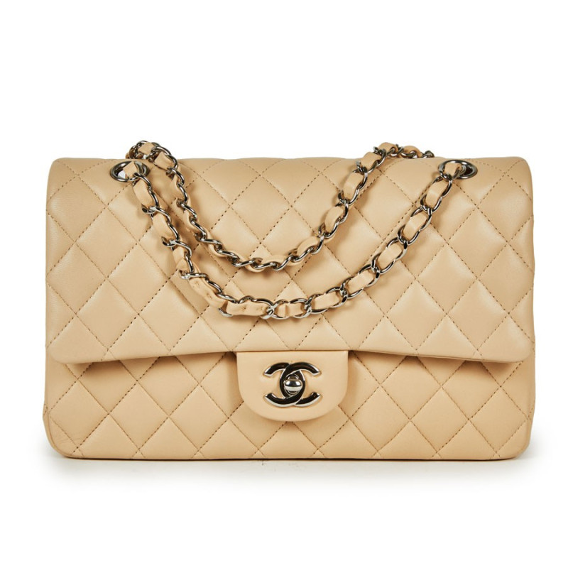 Sac Timeless CHANEL cuir lisse matelassé beige