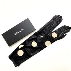 CHANEL white camellias and black lambskin long gloves