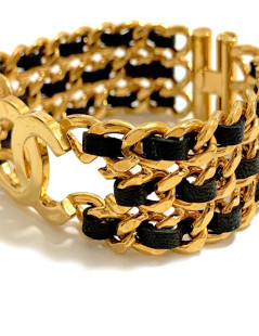 Chanel CC chain bracelet gold and black leather