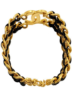 Chanel CC chain bracelet gold and black leather