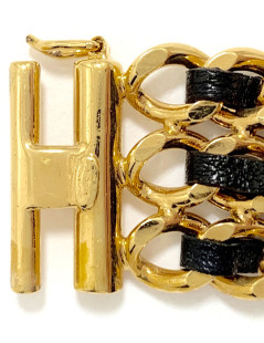 Chanel CC chain bracelet gold and black leather