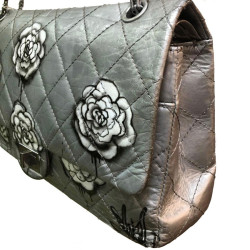 CHANEL 2.55 bag "Black tears of camélias" quilted metallic grey leather