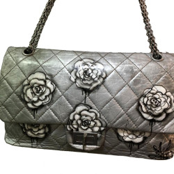 CHANEL 2.55 bag "Black tears of camélias" quilted metallic grey leather