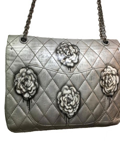 CHANEL 2.55 bag "Black tears of camélias" quilted metallic grey leather