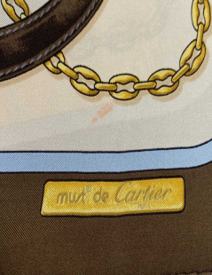 Foulard Must de Cartier vintage en soie marron, beige et bleu 