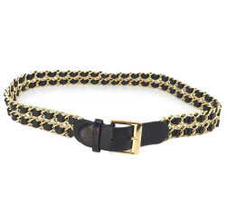 Ceinture CHANEL T 70 en métal doré entrelacé de cuir noir