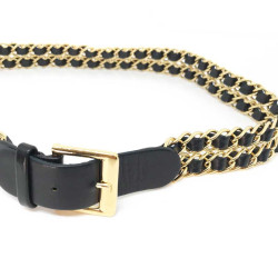 Ceinture CHANEL T 70 en métal doré entrelacé de cuir noir