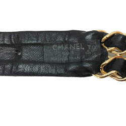 Ceinture Vintage CHANEL en métal doré entrelacé de cuir noir  T 70 