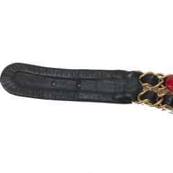 Ceinture Vintage CHANEL en métal doré entrelacé de cuir noir  T 70 