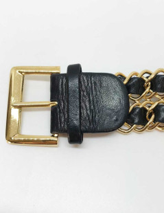 Ceinture CHANEL T 70 en métal doré entrelacé de cuir noir