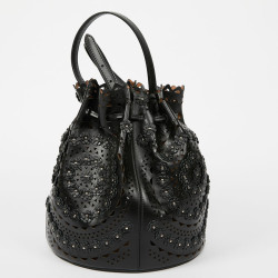 Sac seau ALAIA cuir noir perforé et fleurs 