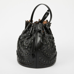 Sac seau ALAIA cuir noir perforé et fleurs 