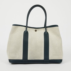 Sac garden party HERMES toile et cuir taurillon clémence bleu