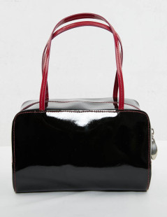 Sac LAGERFELD cuir verni noir poignée fuschia