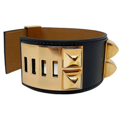 Bracelet collier de chien HERMES noir en cuir de veau