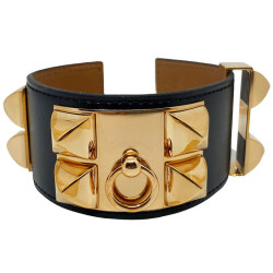 Bracelet collier de chien HERMES noir en cuir de veau