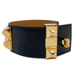 Bracelet collier de chien HERMES noir en cuir de veau