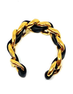 Bracelet CHANEL cuir noir et chaîne dorée