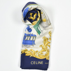 Foulard Celine soie motifs bateau train avion