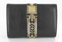 Pochette BALMAIN carrée en cuir noir et broderies or et argent